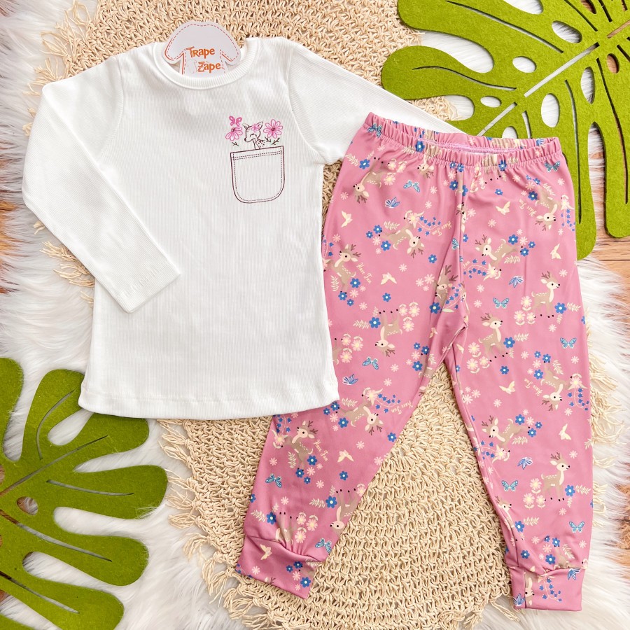 Conj. Blusa Rena com Florzinhas no Bolsinho e Calça Legging Térmica - Off White